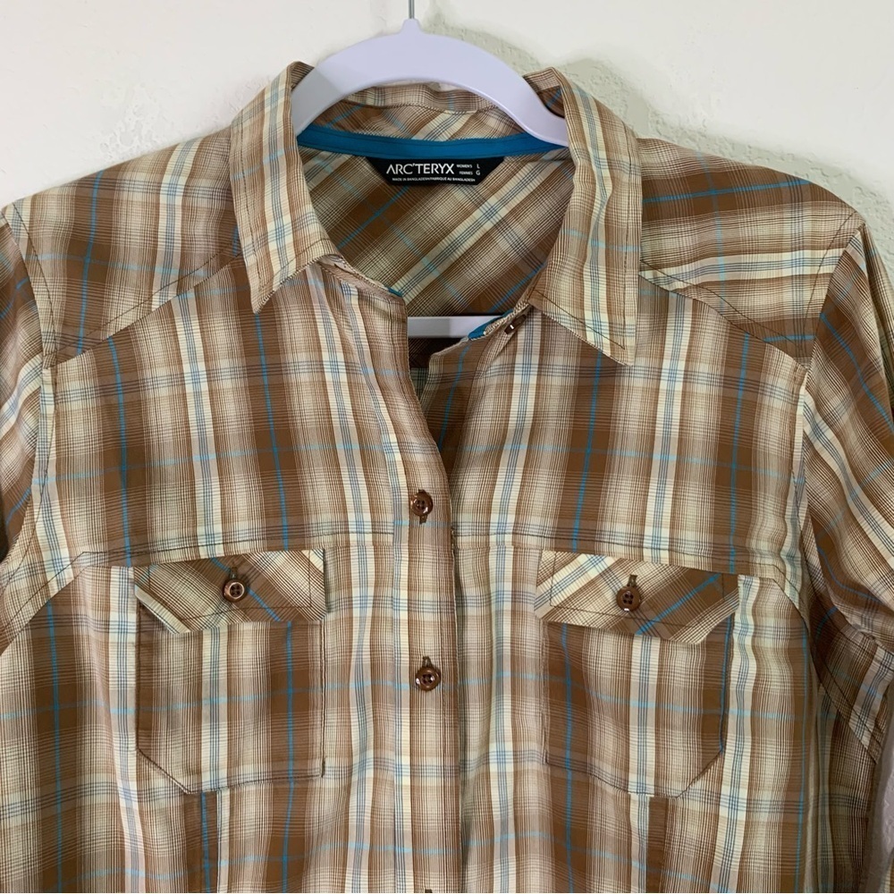 Arcteryx Womens brown blue plaid long sleeve/ roll sleeve button up shirt L - Picture 4 of 8